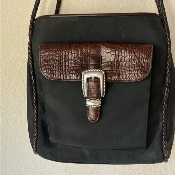 Brighton Nylon Shoulder Bag Braided Strap Croc Embossed Black Silver Western - Picture 2 of 15